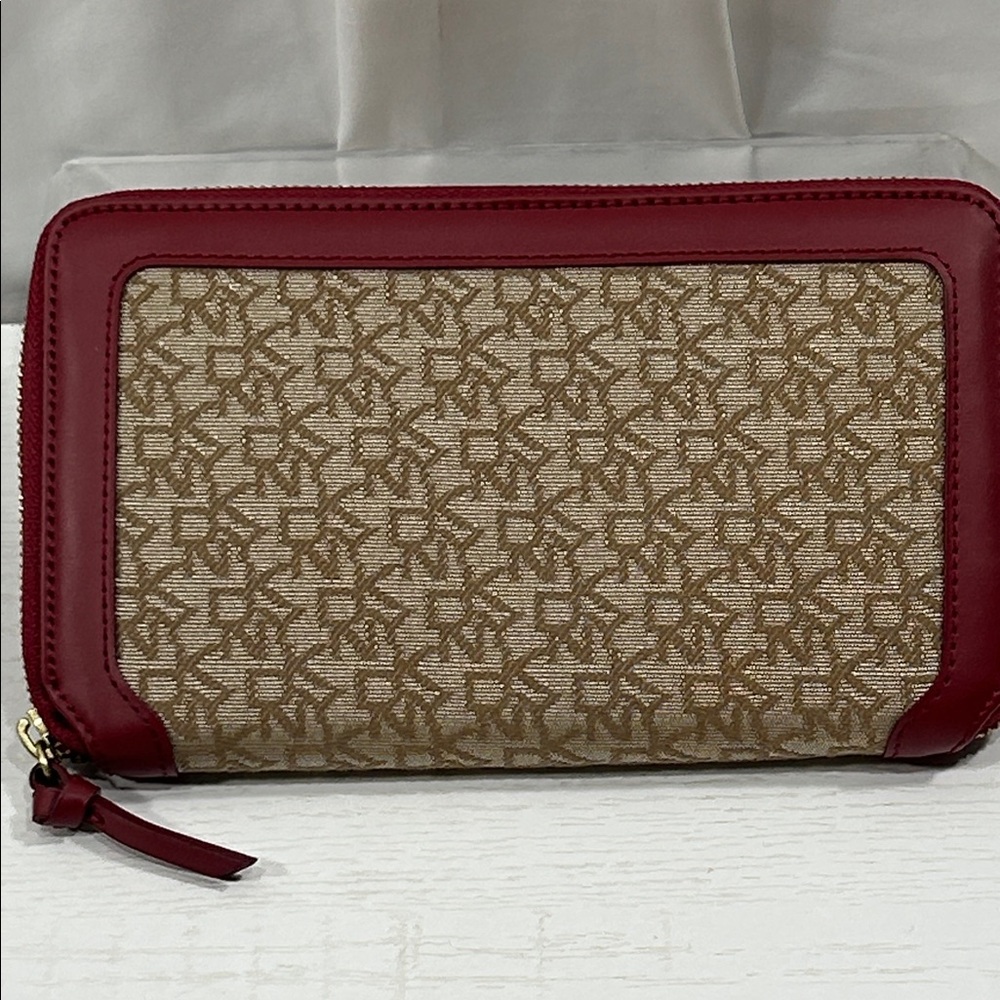 Red and Tan Monogram Zip Wallet